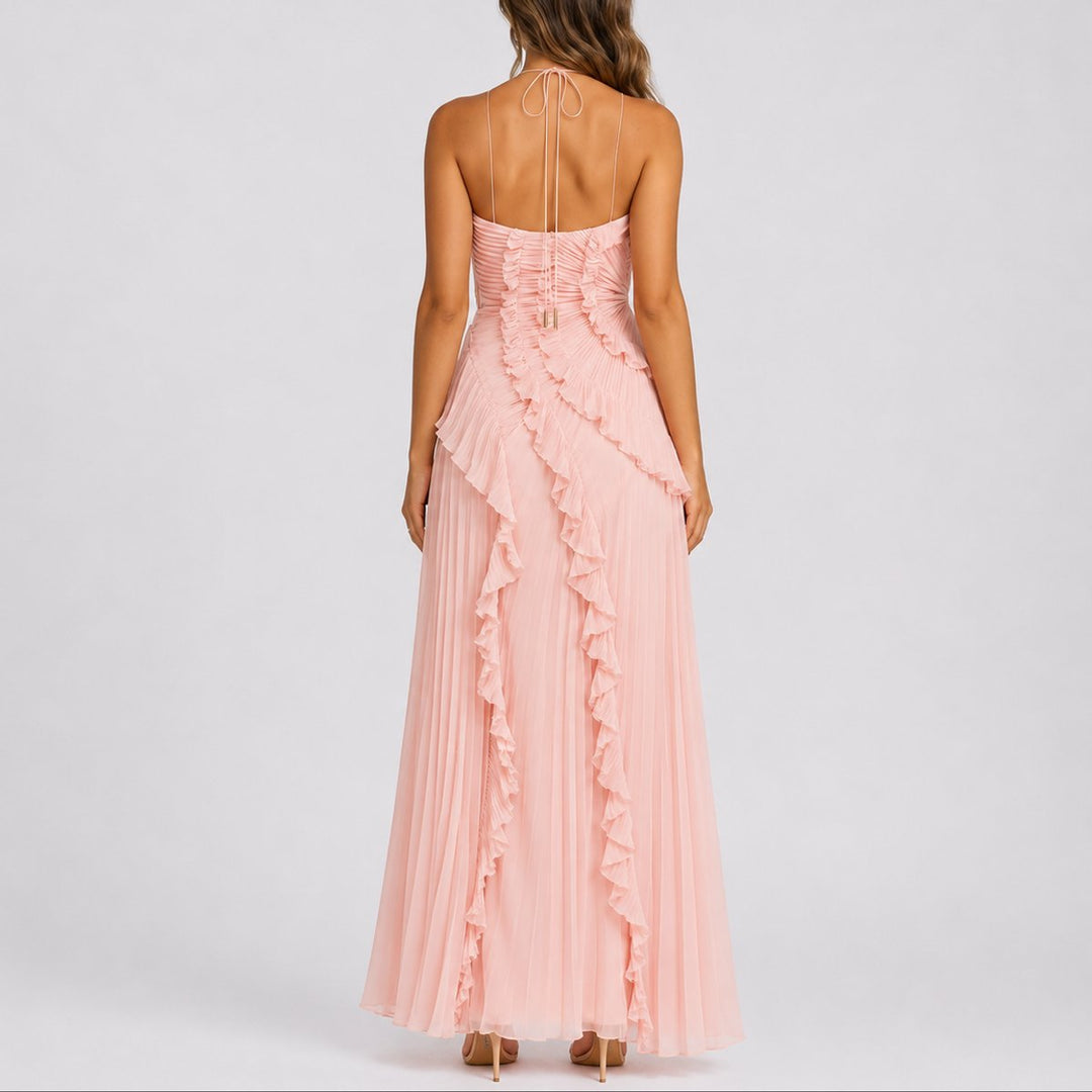 Aurelia | Women's Romantic Pleated Ruffle Halter Maxi Dress