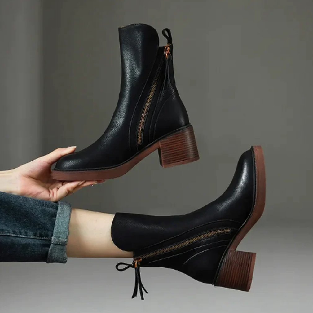 Velmira | Elegante Leder-Ankle-Boots für Damen mit Blockabsatz und seitlichem Reißverschluss