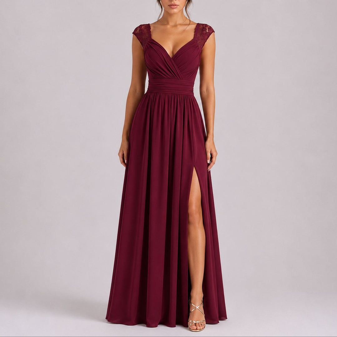 Rosie | Women's Fall Wedding Guest Dress with Lace Shoulder & Side Slit