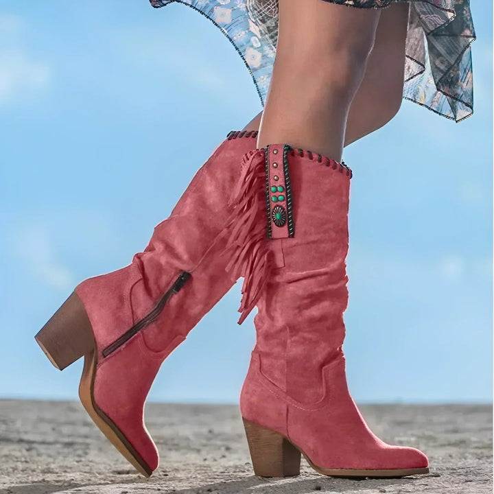 Solstice | Westernstiefel für Damen aus Veloursleder mit Fransen, knöchelhohem Schaft und Blockabsatz