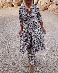 Aurielle | Completo con stampa, top a maniche a 3/4 con scollo a V e pantaloni a gamba larga