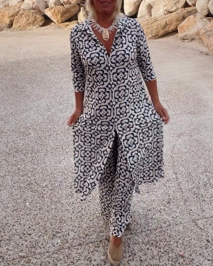 Aurielle | Completo con stampa, top a maniche a 3/4 con scollo a V e pantaloni a gamba larga