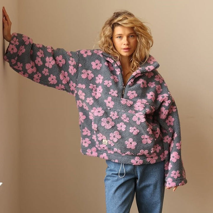 Celestine | Maglione oversize in caldo pile effetto orsacchiotto con motivo floreale