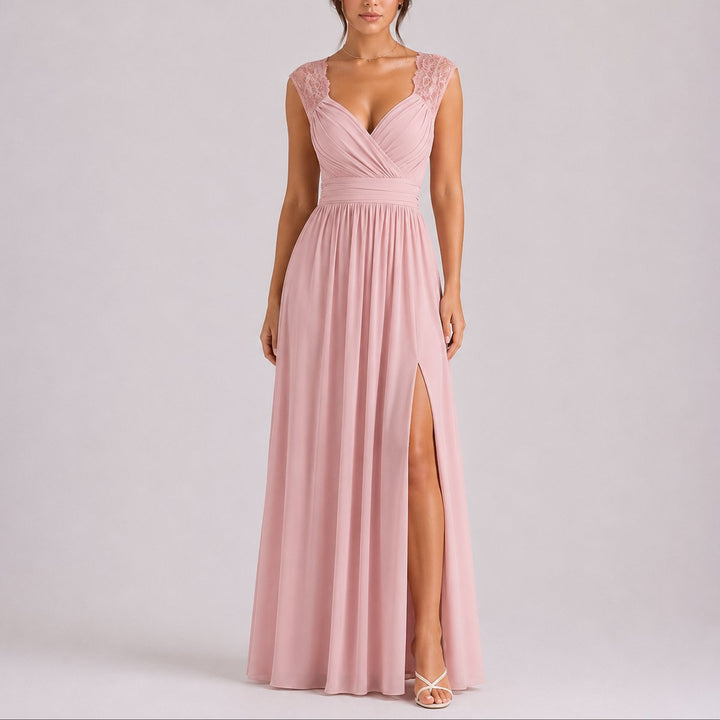 Rosie | Women's Fall Wedding Guest Dress with Lace Shoulder & Side Slit