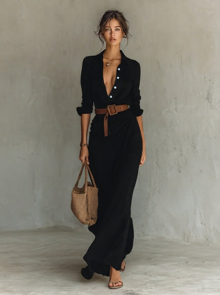 Lunara | Women's Belted Long Sleeve Flowing Maxi Shirt Dress
