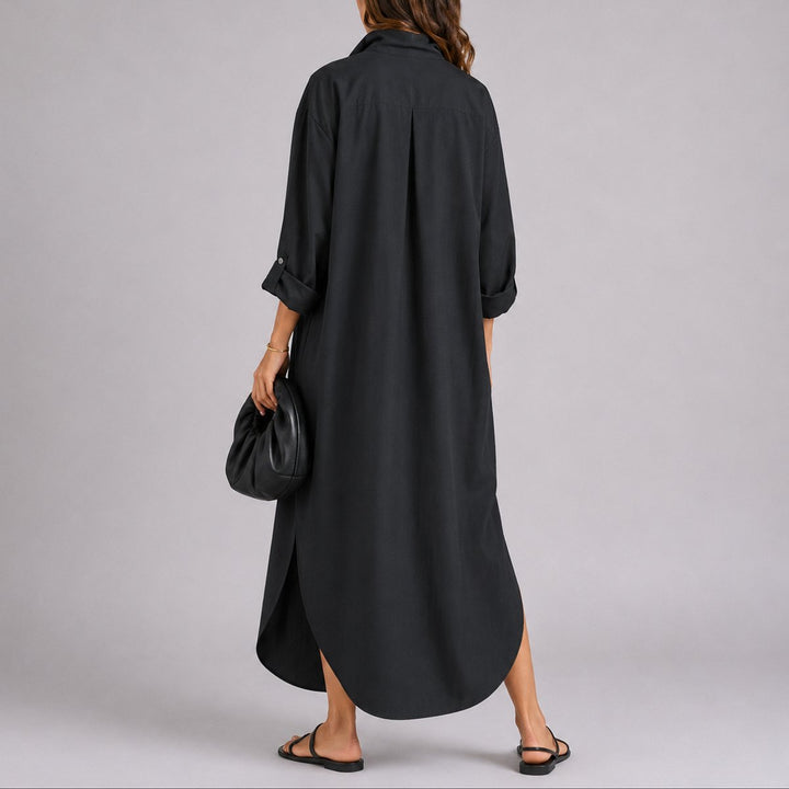 Arabelle | Women's Fall Wedding Guest Oversized Linen Button Maxi Dress