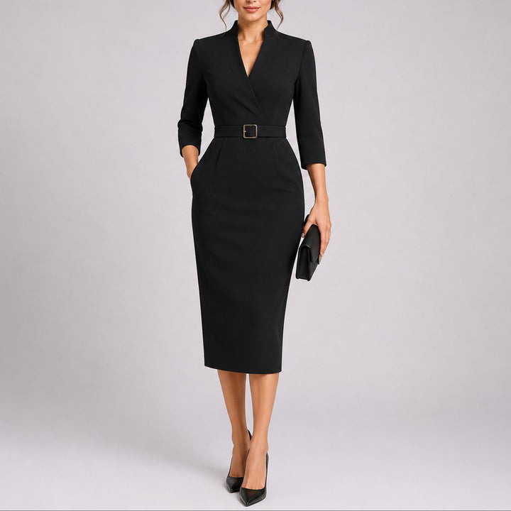 Aviana | Abito midi aderente da donna per invitata a un matrimonio autunnale, con cintura e scollo a V