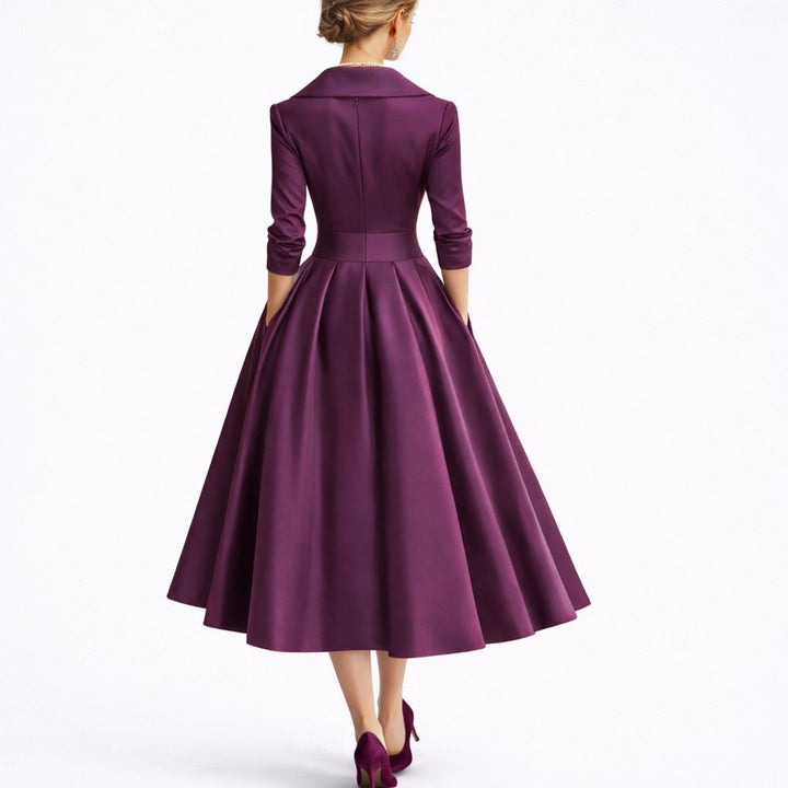 Zalina | Elegante abito midi strutturato a trapezio da donna per invitata a un matrimonio autunnale