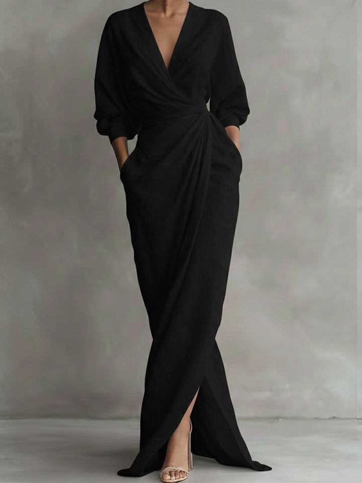 Velisande | Women's Elegant V-Neck Draped Maxi Wrap Dress