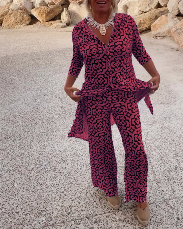 Aurielle | Completo con stampa, top a maniche a 3/4 con scollo a V e pantaloni a gamba larga