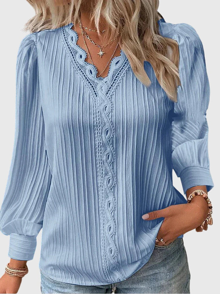Mariselle | Elegant Pleated Lace Trim Blouse