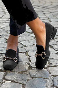 Victoria | Schwarze Damen-Loafer aus Veloursleder mit goldenem Horsebit-Detail