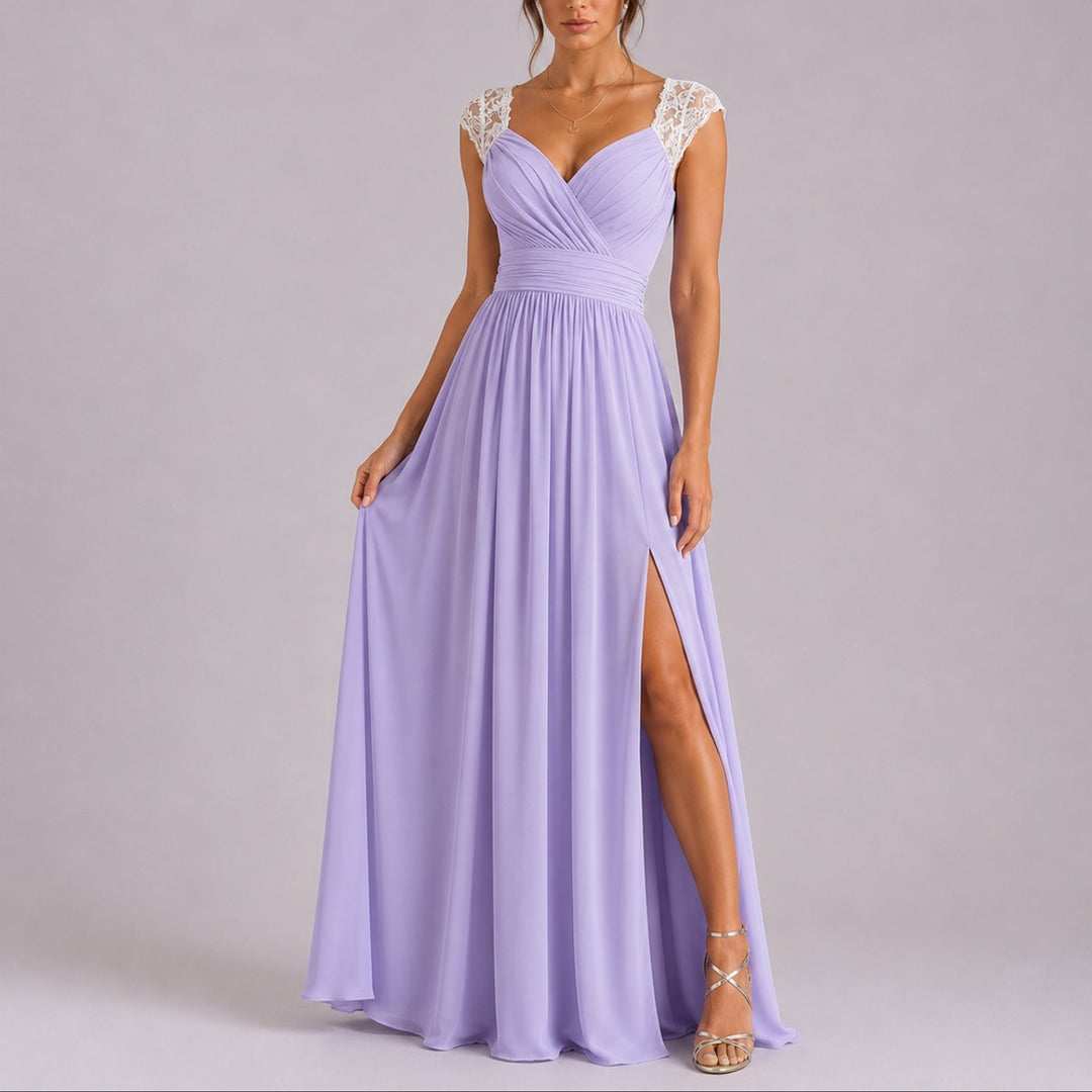 Rosie | Women's Fall Wedding Guest Dress with Lace Shoulder & Side Slit