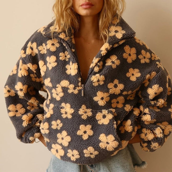Celestine | Maglione oversize in caldo pile effetto orsacchiotto con motivo floreale