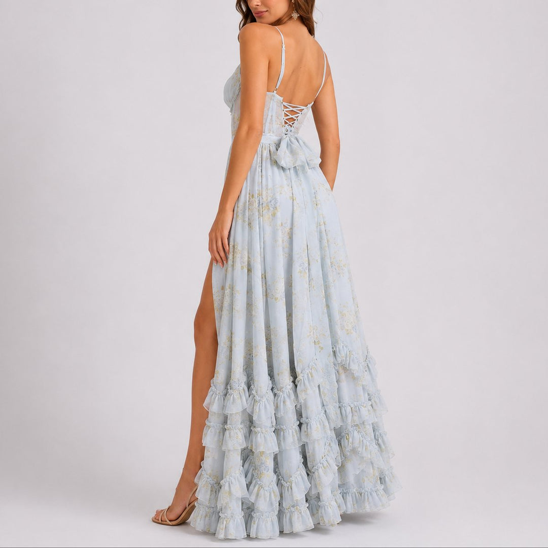 Violetara | Women's Fall Wedding Guest Floral Ruffled Corset Maxi Dress