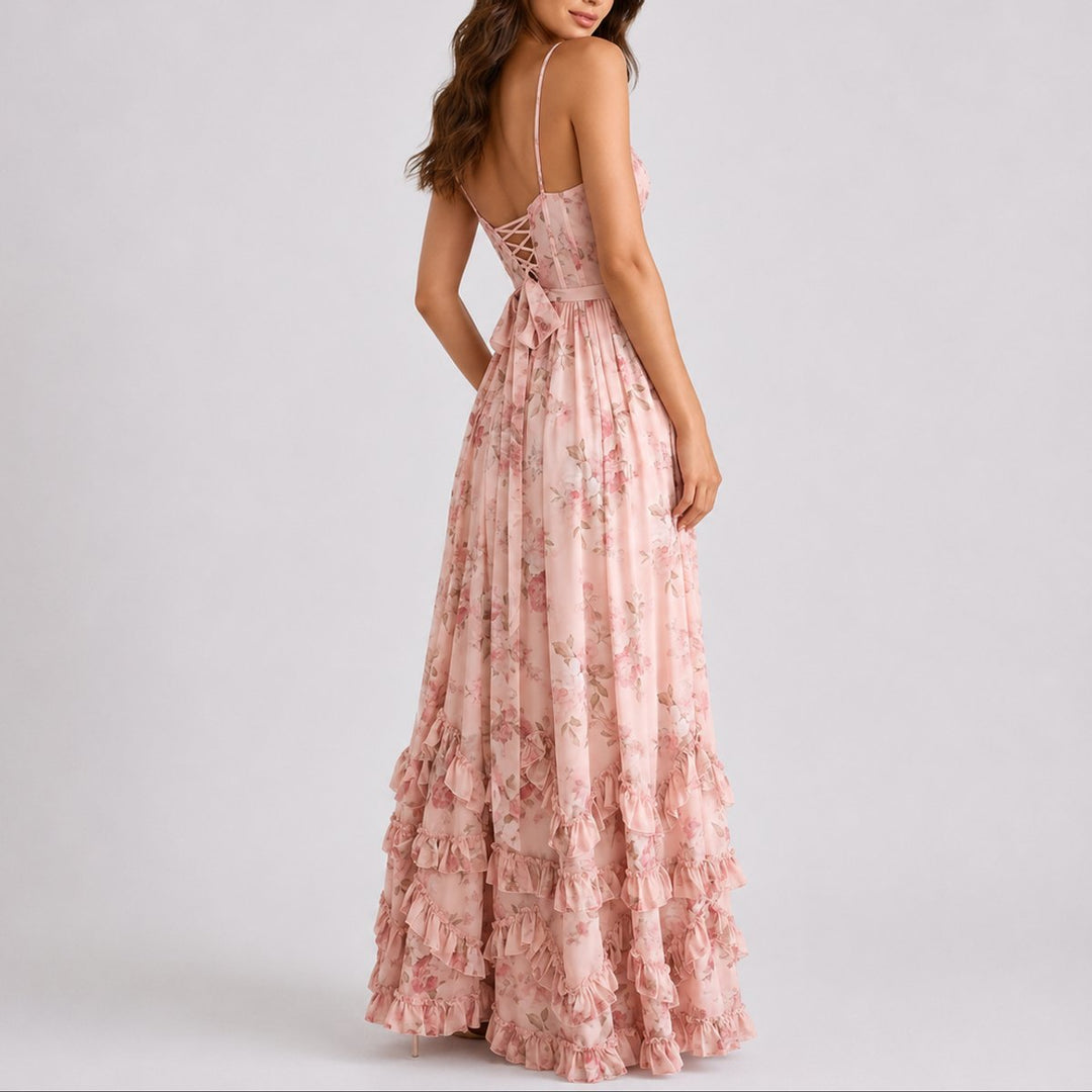 Violetara | Women's Fall Wedding Guest Floral Ruffled Corset Maxi Dress