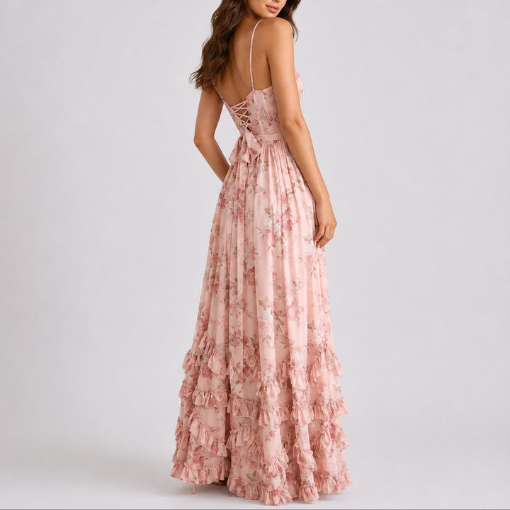 Violetara | Women's Fall Wedding Guest Floral Ruffled Corset Maxi Dress