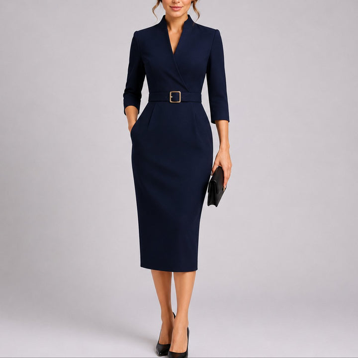 Aviana | Abito midi aderente da donna per invitata a un matrimonio autunnale, con cintura e scollo a V