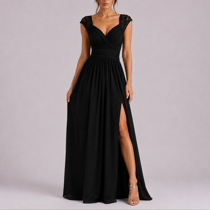 Rosie | Women's Fall Wedding Guest Dress with Lace Shoulder & Side Slit