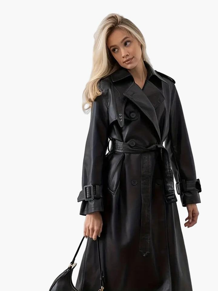 Valerie | Trench lungo elegante da donna in ecopelle con cintura