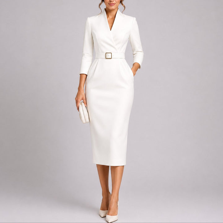 Aviana | Abito midi aderente da donna per invitata a un matrimonio autunnale, con cintura e scollo a V