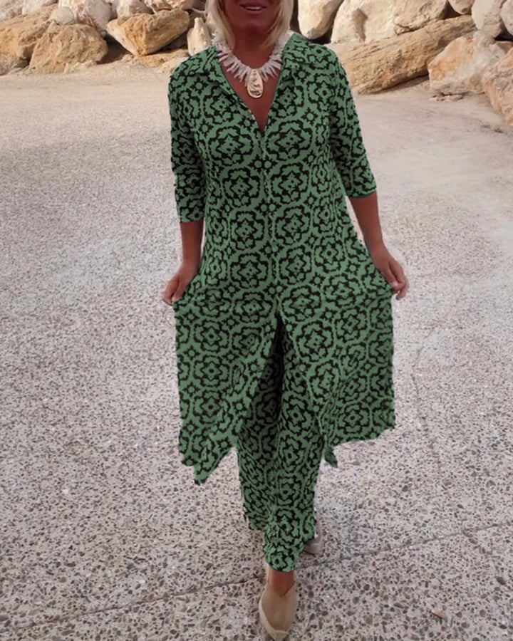 Aurielle | Completo con stampa, top a maniche a 3/4 con scollo a V e pantaloni a gamba larga