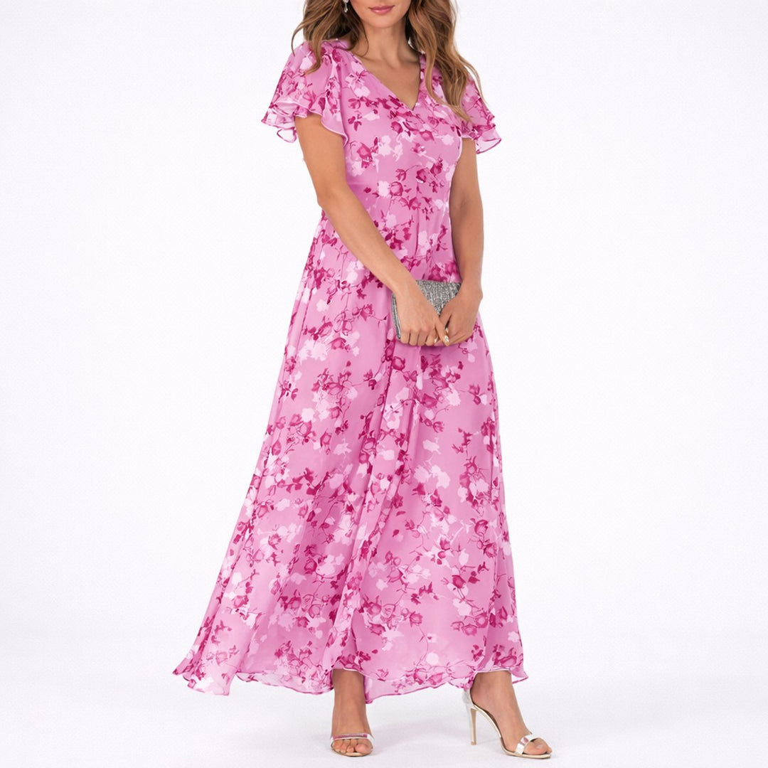 Ellara | Women's Fall Wedding Guest Floral Chiffon Flutter-Sleeve Maxi Dress