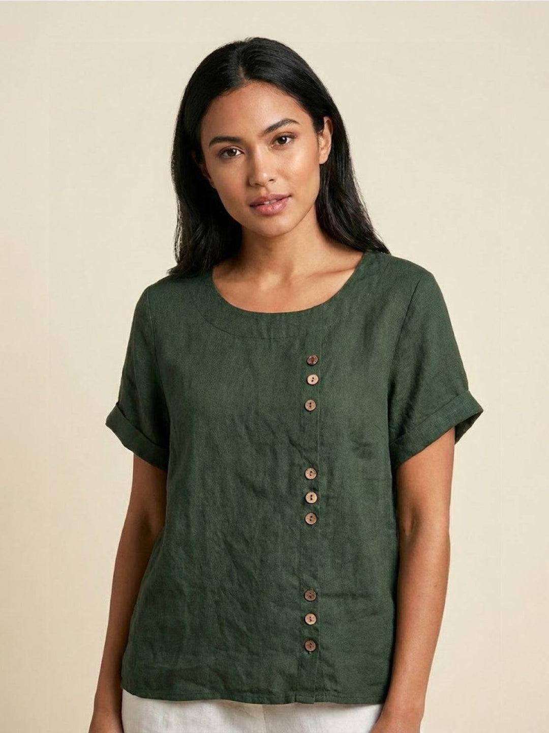 Elara | Blusa a maniche corte dalla vestibilità morbida in misto lino con dettaglio di bottoni