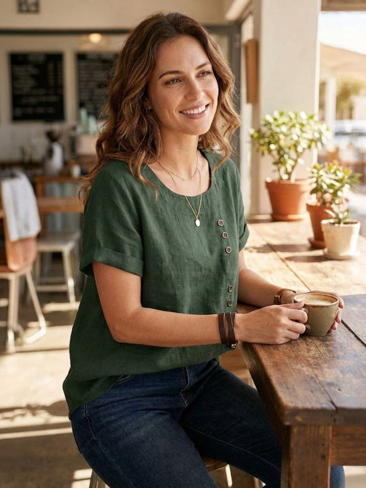 Elara | Blusa a maniche corte dalla vestibilità morbida in misto lino con dettaglio di bottoni