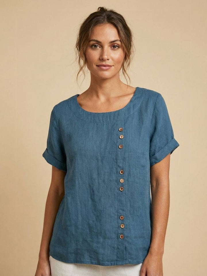 Elara | Blusa a maniche corte dalla vestibilità morbida in misto lino con dettaglio di bottoni