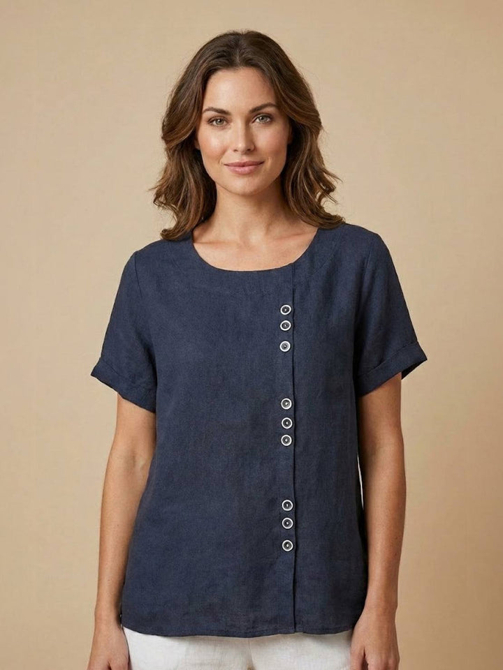 Elara | Blusa a maniche corte dalla vestibilità morbida in misto lino con dettaglio di bottoni