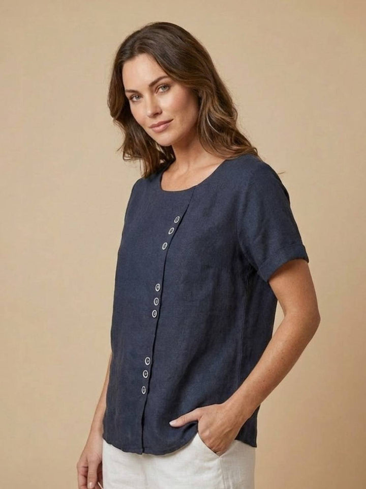 Elara | Blusa a maniche corte dalla vestibilità morbida in misto lino con dettaglio di bottoni