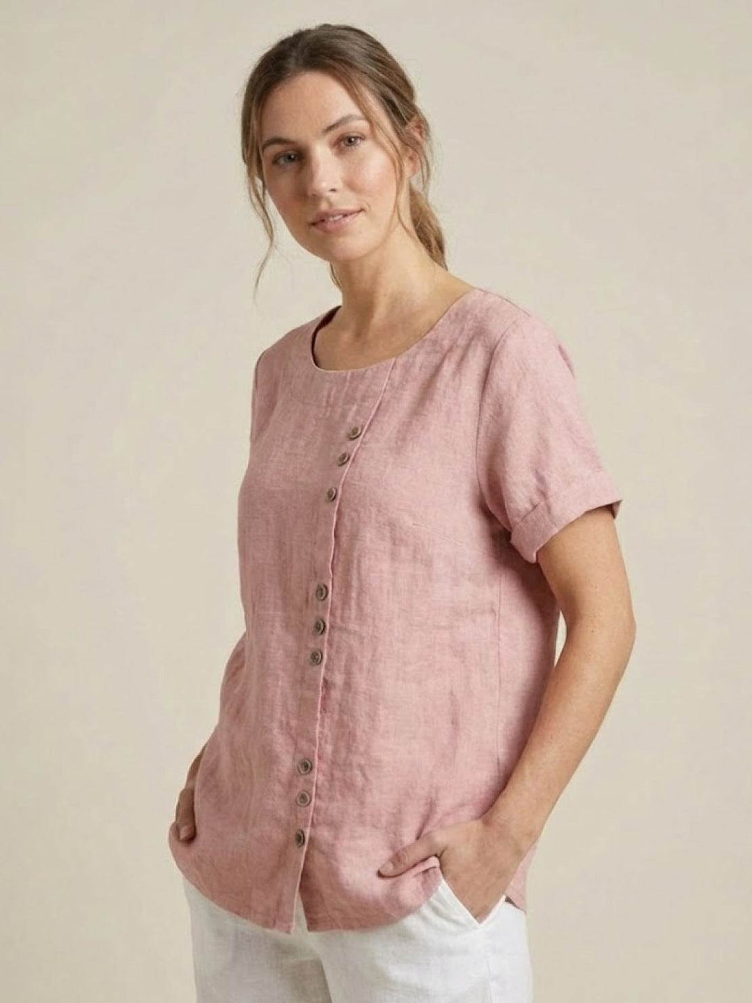 Elara | Blusa a maniche corte dalla vestibilità morbida in misto lino con dettaglio di bottoni