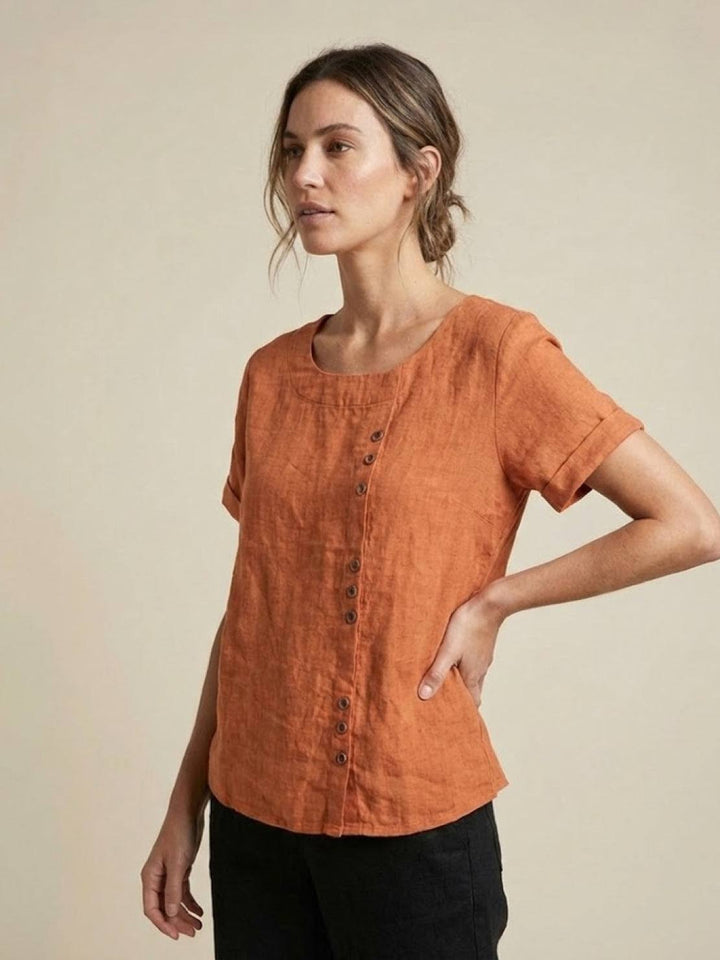 Elara | Blusa a maniche corte dalla vestibilità morbida in misto lino con dettaglio di bottoni