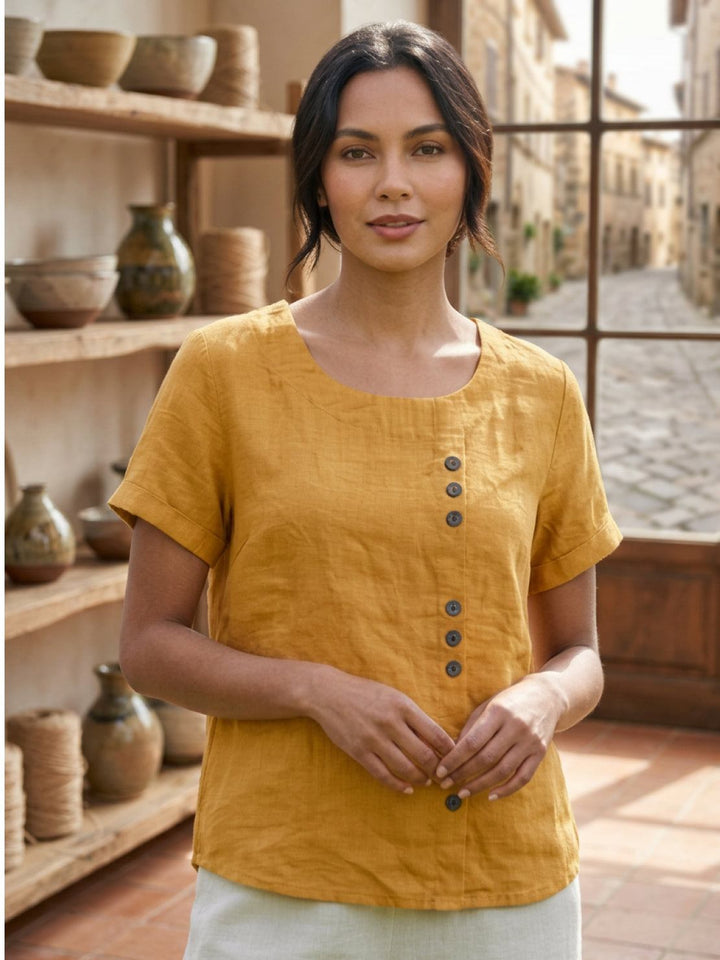 Elara | Blusa a maniche corte dalla vestibilità morbida in misto lino con dettaglio di bottoni