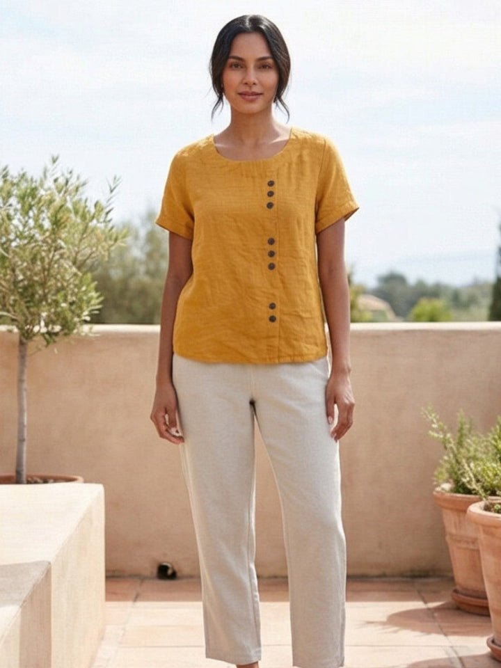 Elara | Blusa a maniche corte dalla vestibilità morbida in misto lino con dettaglio di bottoni