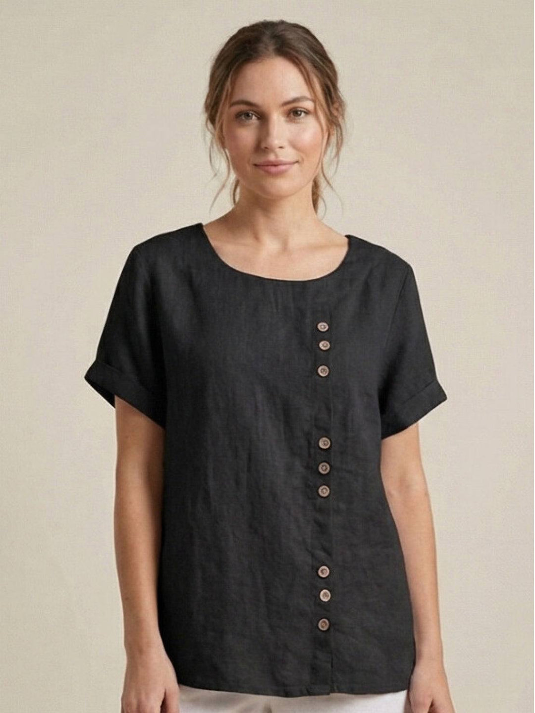 Elara | Blusa a maniche corte dalla vestibilità morbida in misto lino con dettaglio di bottoni