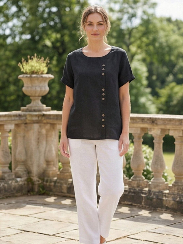 Elara | Blusa a maniche corte dalla vestibilità morbida in misto lino con dettaglio di bottoni