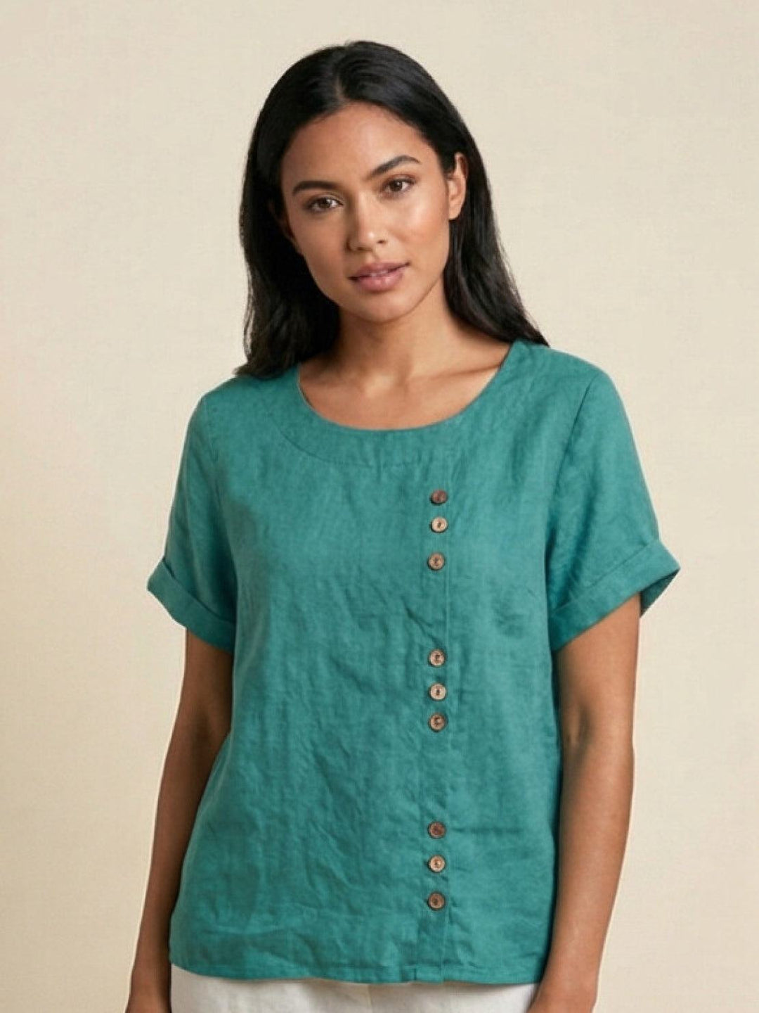 Elara | Blusa a maniche corte dalla vestibilità morbida in misto lino con dettaglio di bottoni