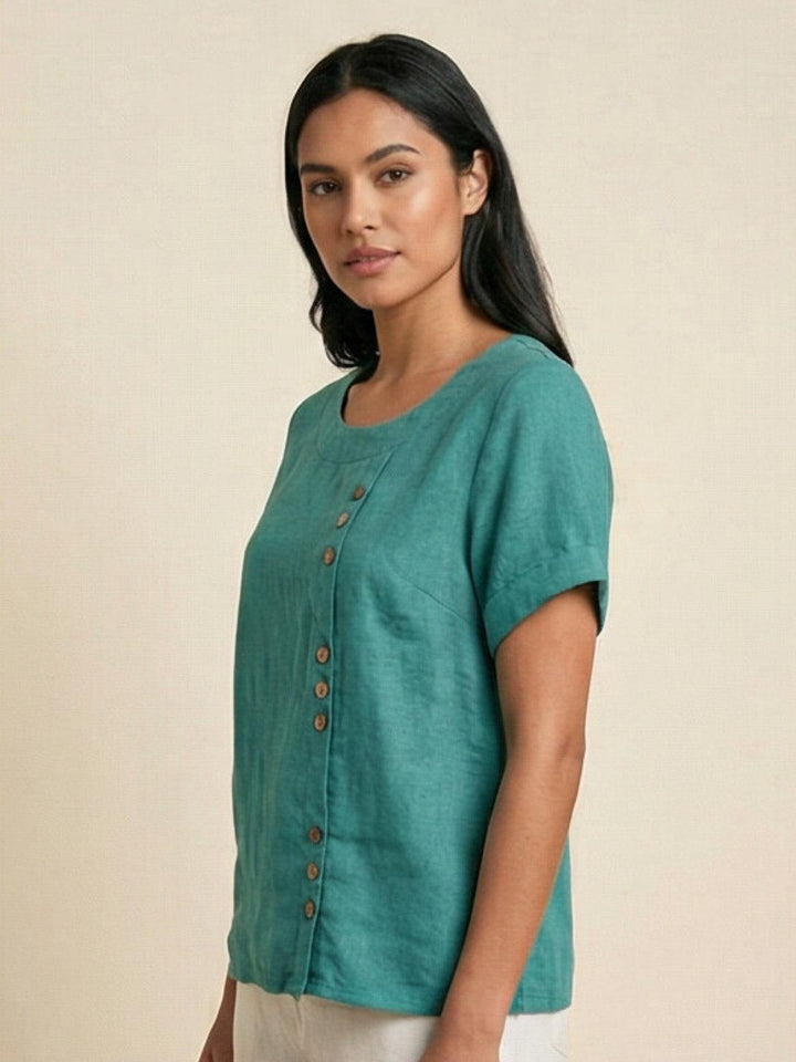 Elara | Blusa a maniche corte dalla vestibilità morbida in misto lino con dettaglio di bottoni