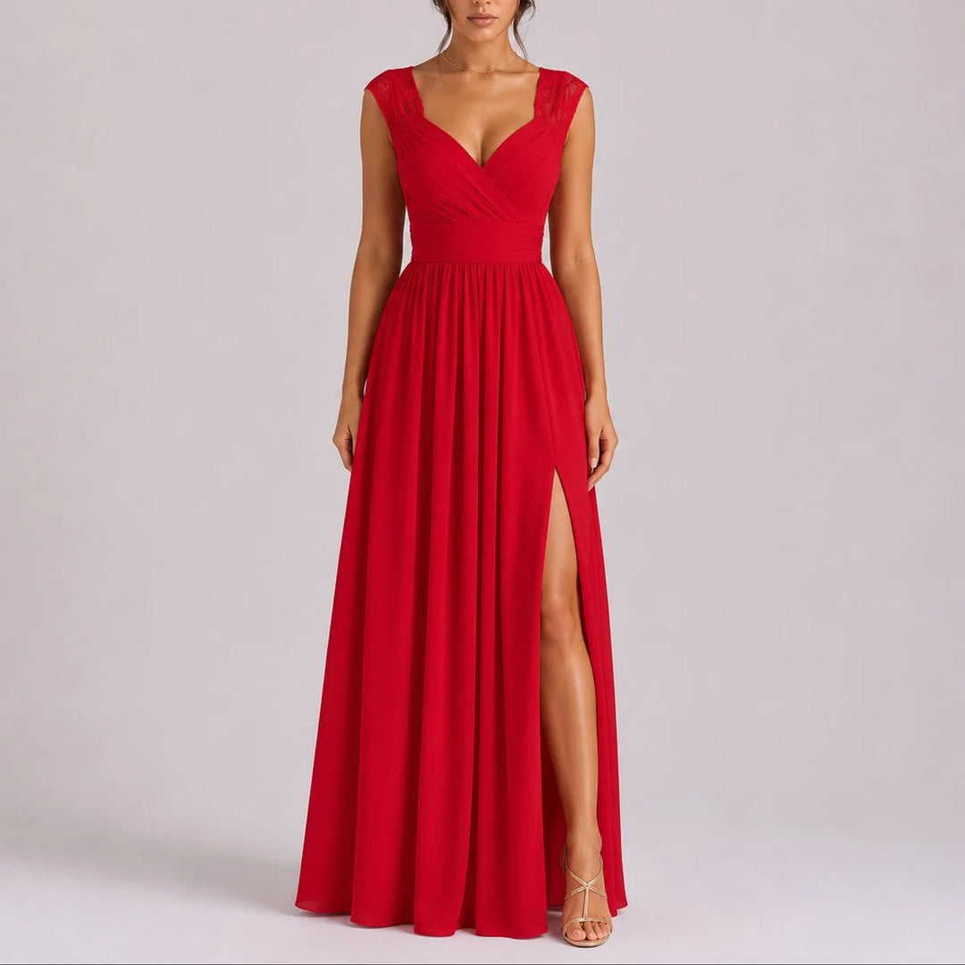Rosie | Women's Fall Wedding Guest Dress with Lace Shoulder & Side Slit
