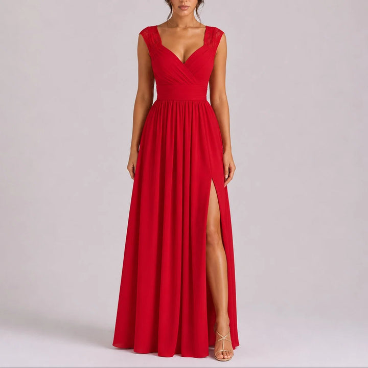 Rosie | Women's Fall Wedding Guest Dress with Lace Shoulder & Side Slit